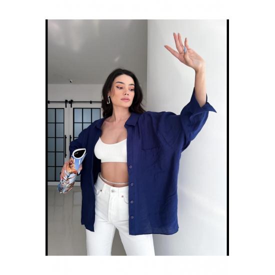 Cămașă de damă cu buzunar supradimensionat, cu umăr în jos