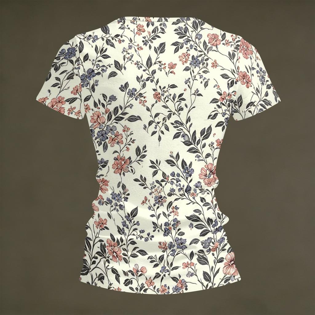 Women V Neck Short Sleeve T Shirt Floral Print Casual Loose Fit Lightweight Summer Top for Daily Wear Work Travel