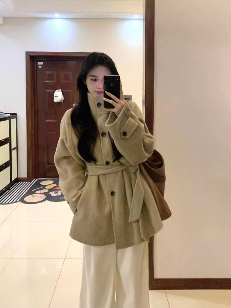 Women's 2025 Woolen Coat: Elegant Korean Stand Collar, Petite Fit