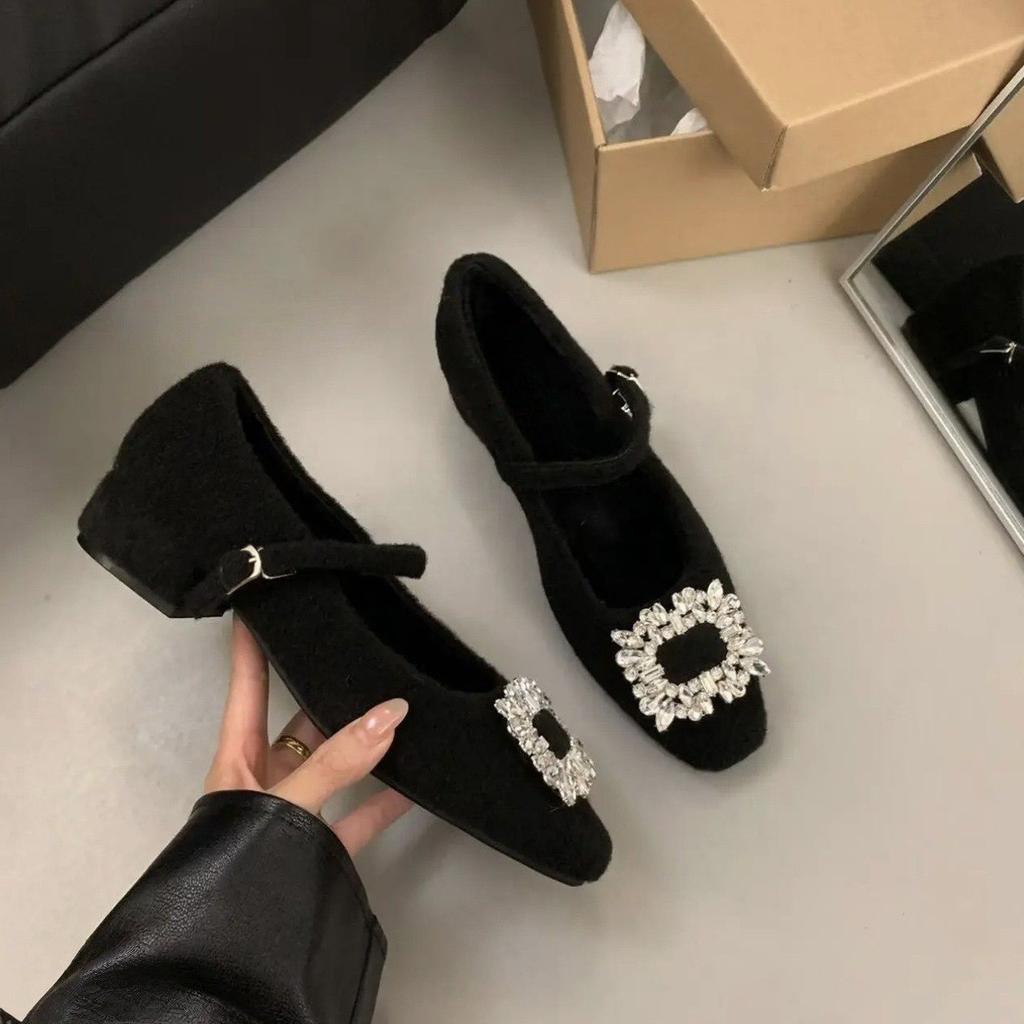 Premium Gray Thick Heel High Heel Square Head Rhinestone Single Shoes Women's Season Velvet Mary Jane Shoes