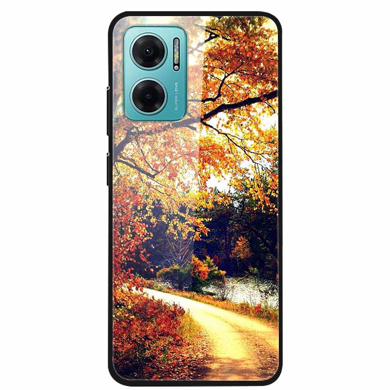 Case For Xiaomi Redmi Note 11E Luxury Tempered Glass Hard Back Cover For Redmi Note 11E Capa Shockproof Flower Funda Wolf Coque