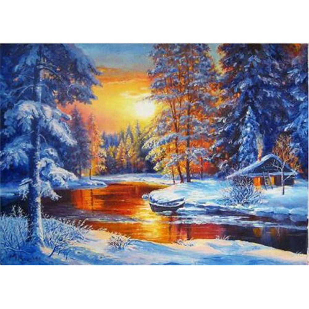 DIY Diamond Painting Snow Diamond Mosaic Landscape Sunset Embroidery Rhinestone Full Round Diamond Cross Stitch Home Gift