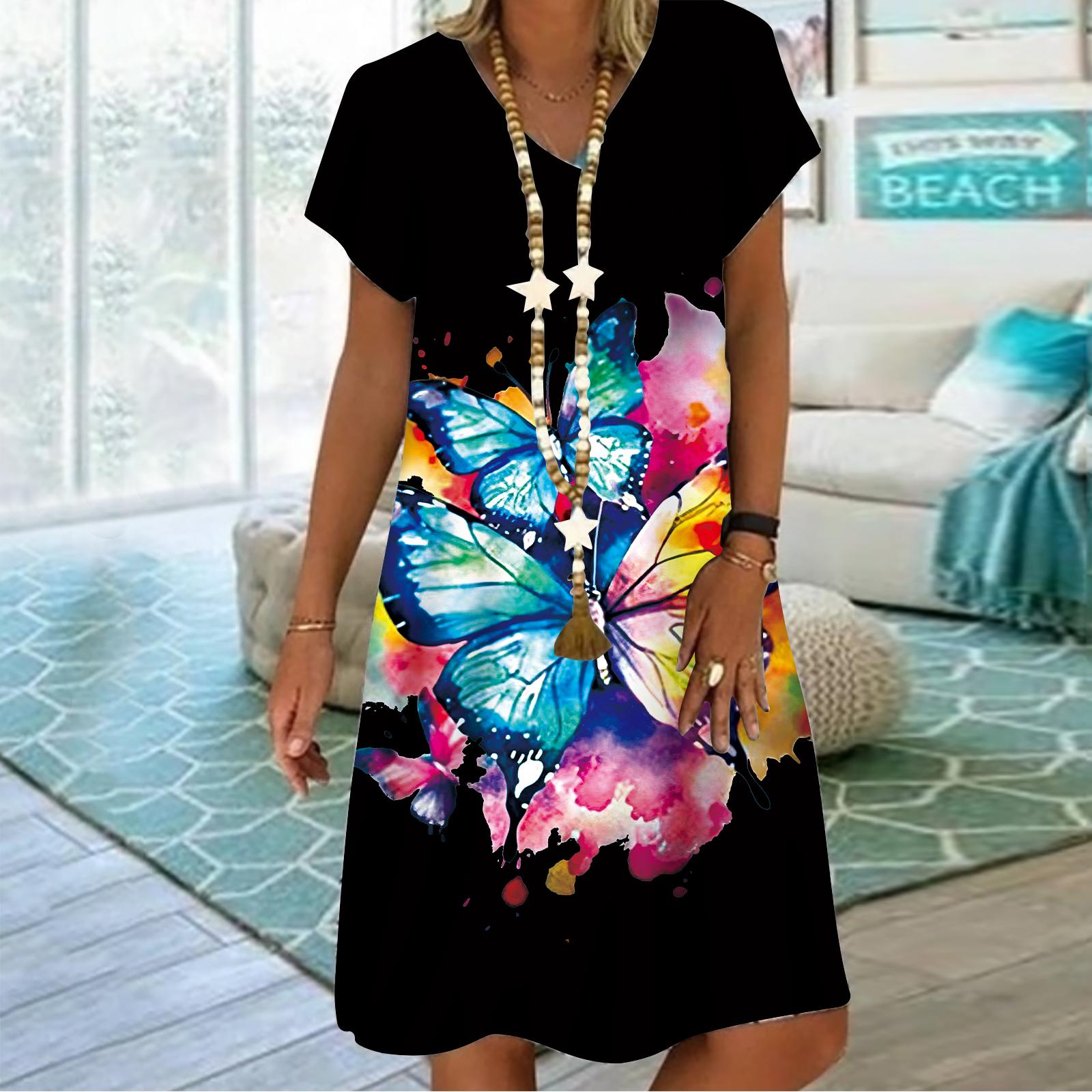 

Літня модна жіноча сукня з V-подібним вирізом і короткими рукавами, біла сукня з графіті та метеликами, вільна повсякденна сукня для жінок 8XL чорний