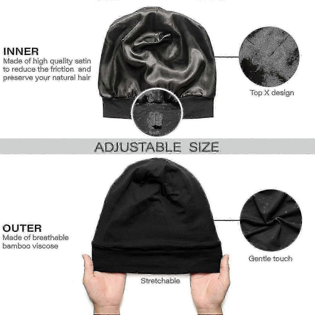 Silk Bonnet for Sleeping Women, Satin Sleep Bonnet Hair Protector, Adjustable Band, Black