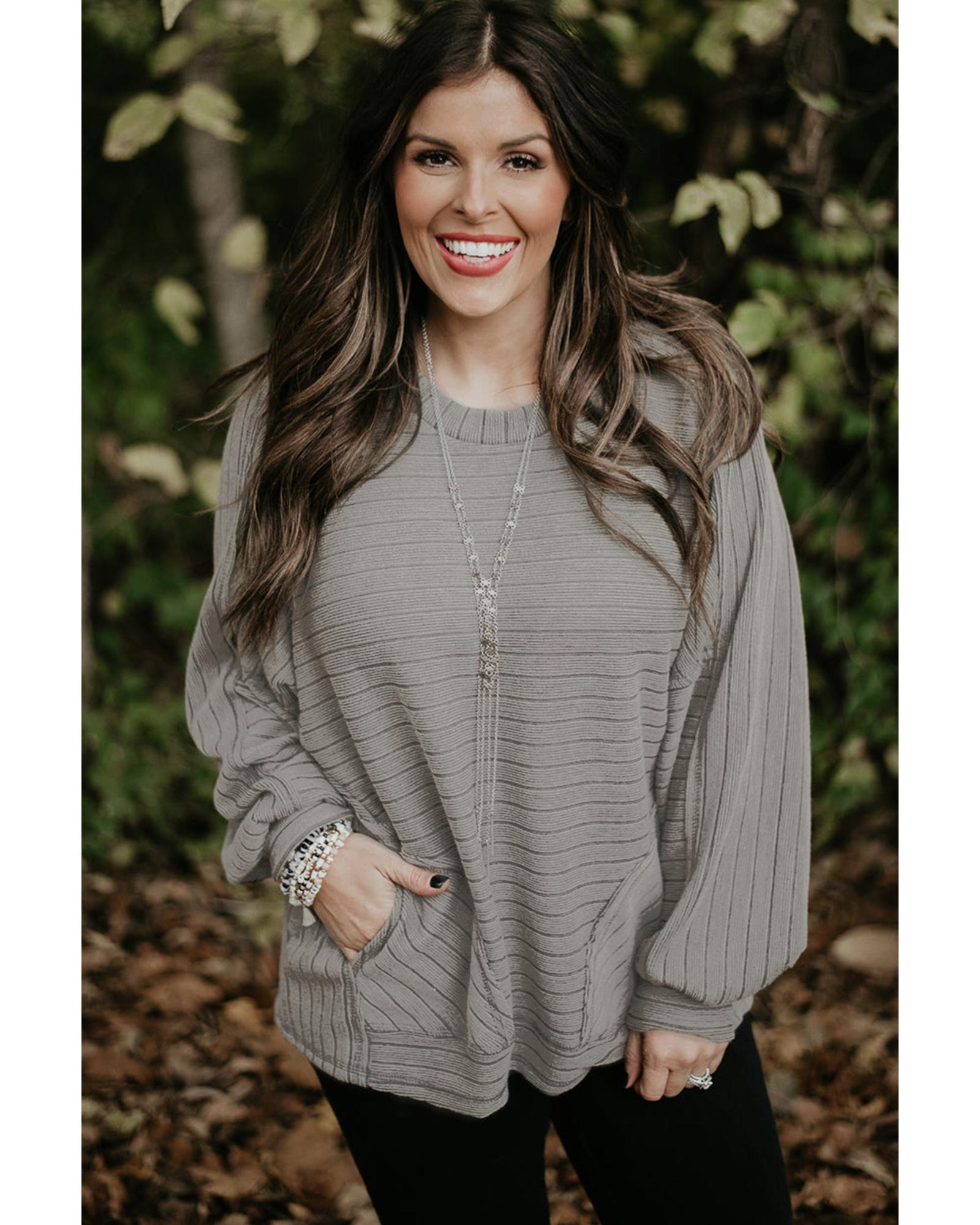 

Azura Exchange Gray Ribbed Side Pockets Long Sleeve Plus Size Top 1X сірий колір