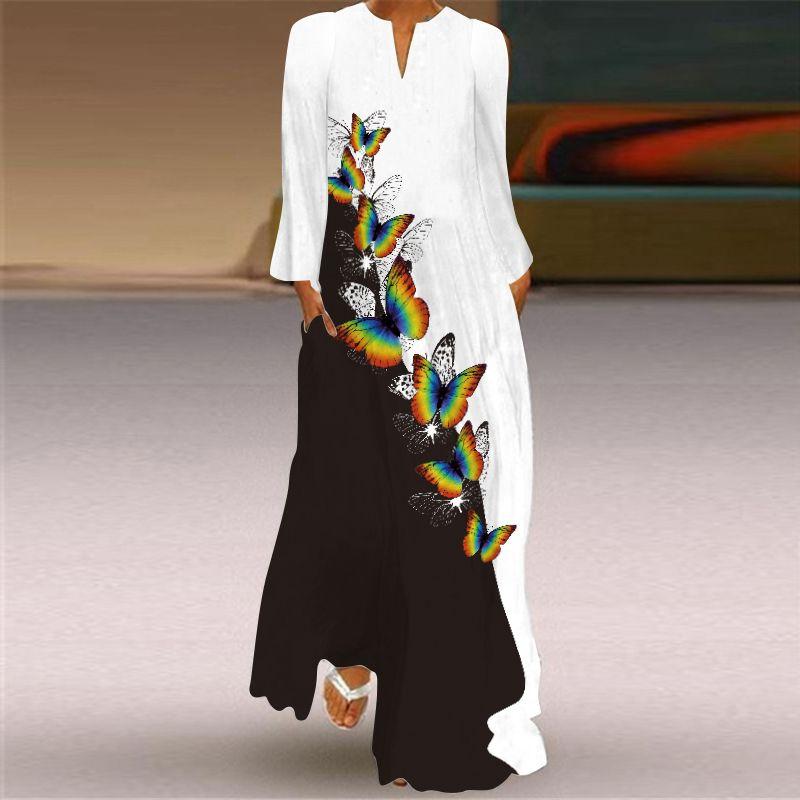 2025 Spring and Summer Fashion New Women's Retro Butterfly Print Long Dress Chiffon V Neck Long Sleeves Pocket Dress