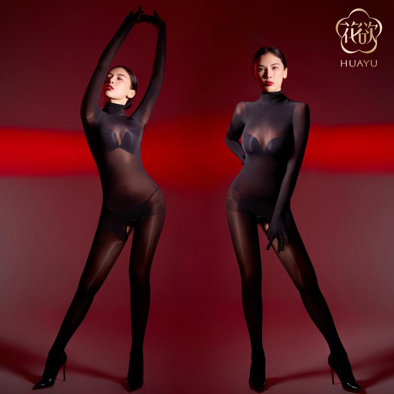 Ultra-Thin 5D High Neck Shiny Seamless Bodysuit Hollow Sexy Backless Open Crotch Transparent Silky Fun Full Body Suit