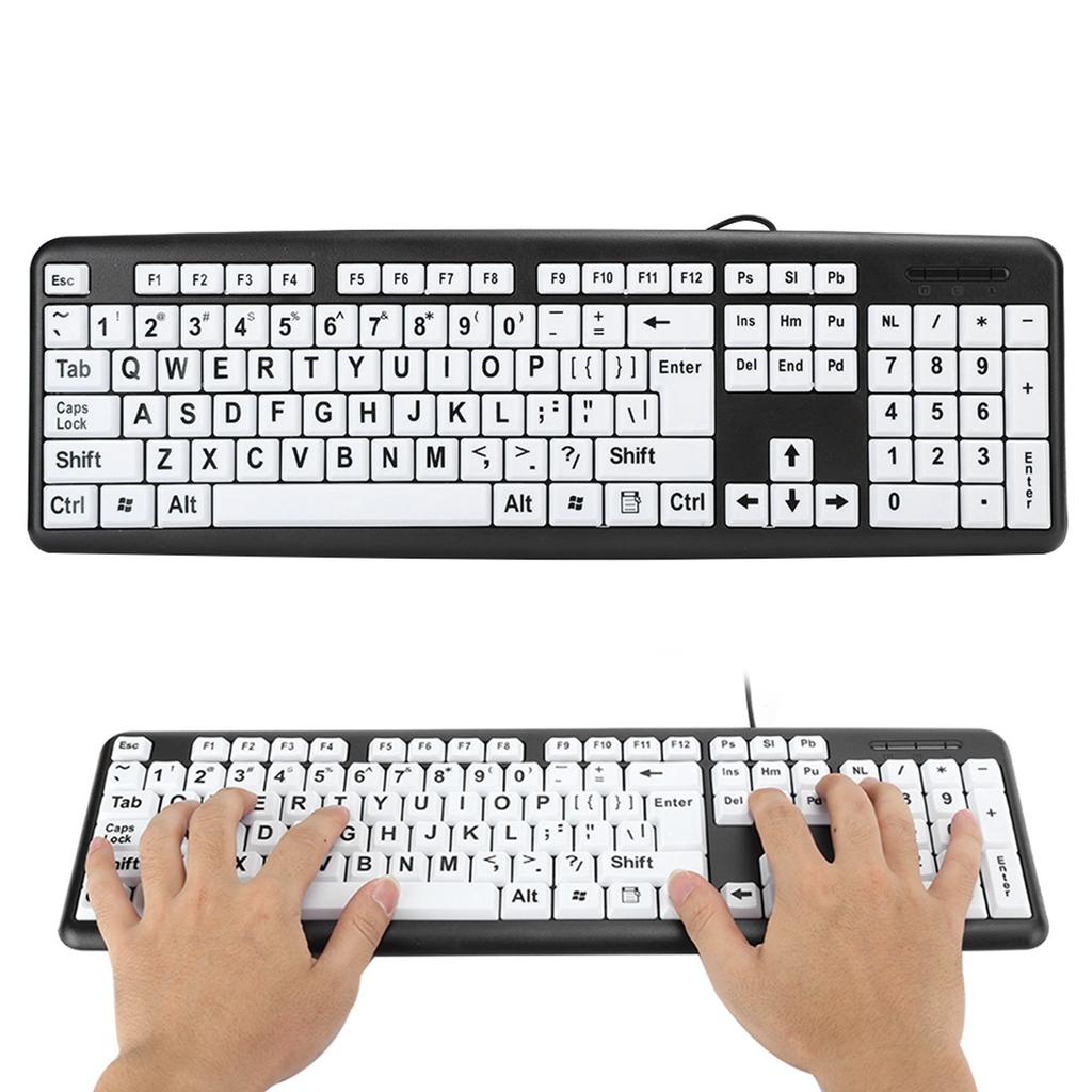 Black Low Vision Keyboard USB Wired Old People Keyboard with White Large Print Keys US Layout QWERTY