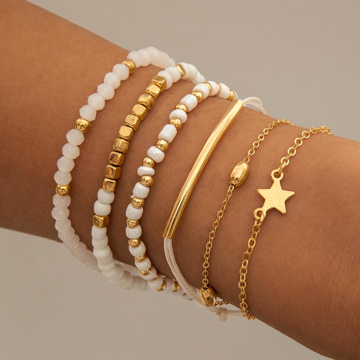 

6 шт. модный простой цветной браслет из бусин-пентаграммы из риса для путешествий, отпуска, повседневный универсальный браслет