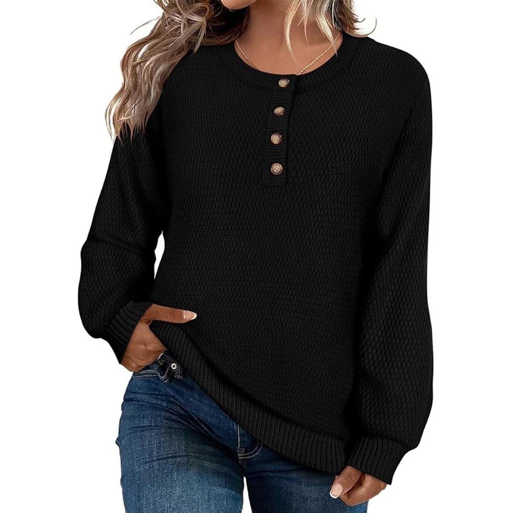 Women's Loose-Fitting Solid-Color Button-Up Long-Sleeved Round-Neck Pullover Knit Sweater Top