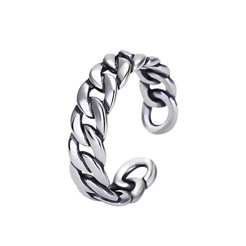 Thai Silver Retro Open Knuckle Ring: Trendy Flattened Chain Design for Index or Pinky Finger