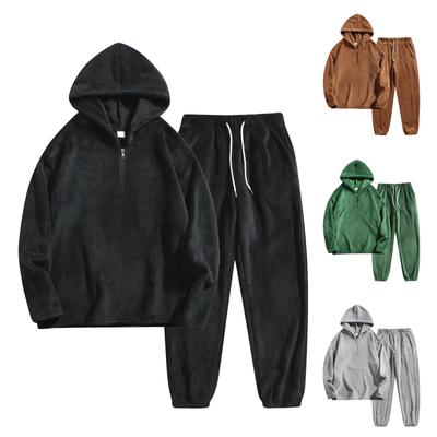 Set pentru bărbați de iarnă, culoare uni, pluș, mânecă lungă, jumătate fermoar, hanorac cu glugă și pantaloni de trening