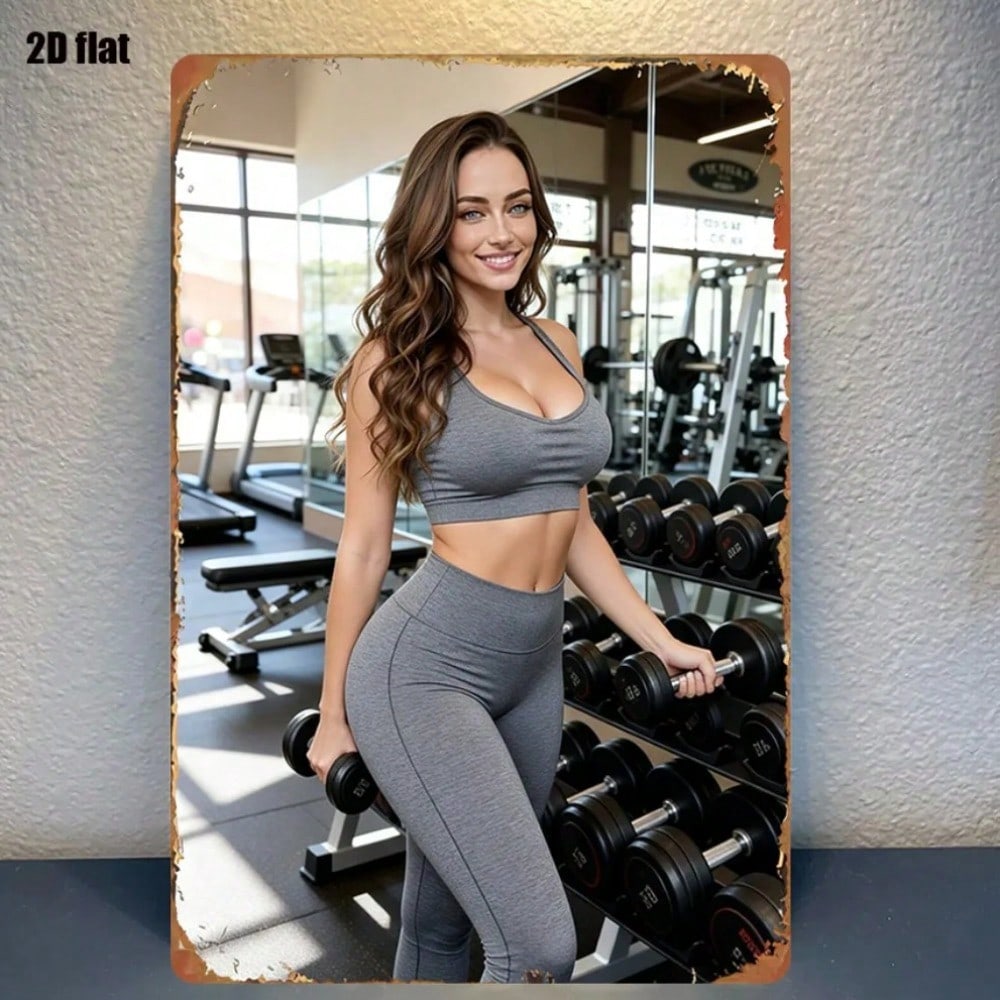 Metal Wall Art Woman Lifting Dumbbell Gym Decor Poster