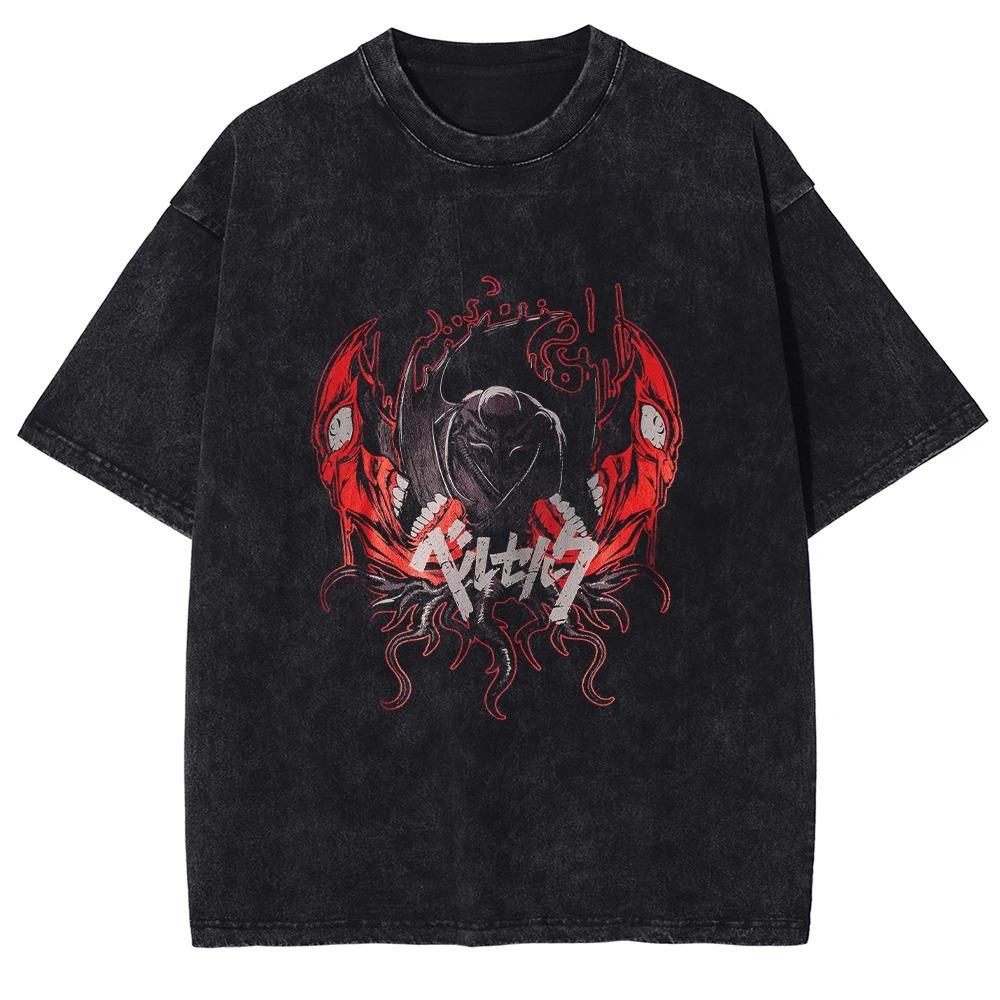 Berserk Brand of Sacrifice & Katana Vintage Washed Double-Sided Anime T-Shirt, Unisex Dark Fantasy Manga Fan Streetwear Tee, 100% Cotton Casual Short