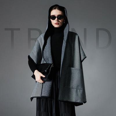 European & American Autumn/Winter Double-Sided Wool Hooded Grey Cloak Shawl