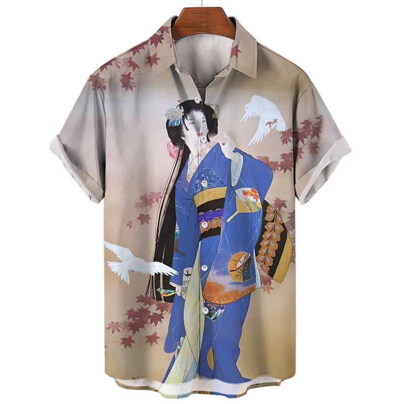 

Japanese Geisha Shirt For Men Clothing Street Loose Oversized Short Sleeved Tops Summer Casual Lapel Hawaiian Shirts 5XL