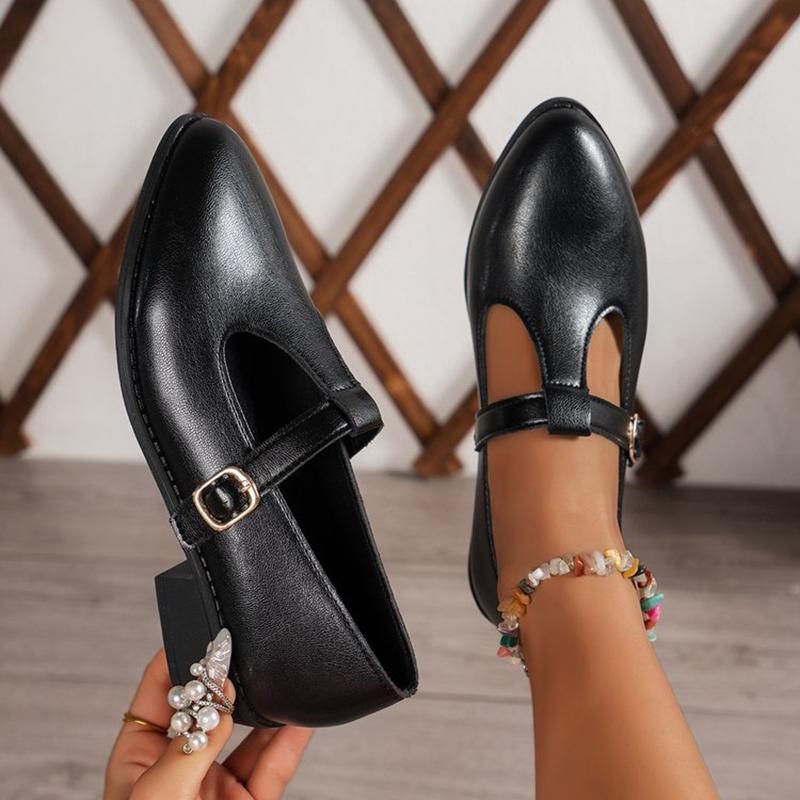 Vintage Pointed Toe Med Heel Mary Jane Pumps Woman Spring Plus Size Pu Leather Pumps Mujer T-Strap Thick Heels Shoes Women