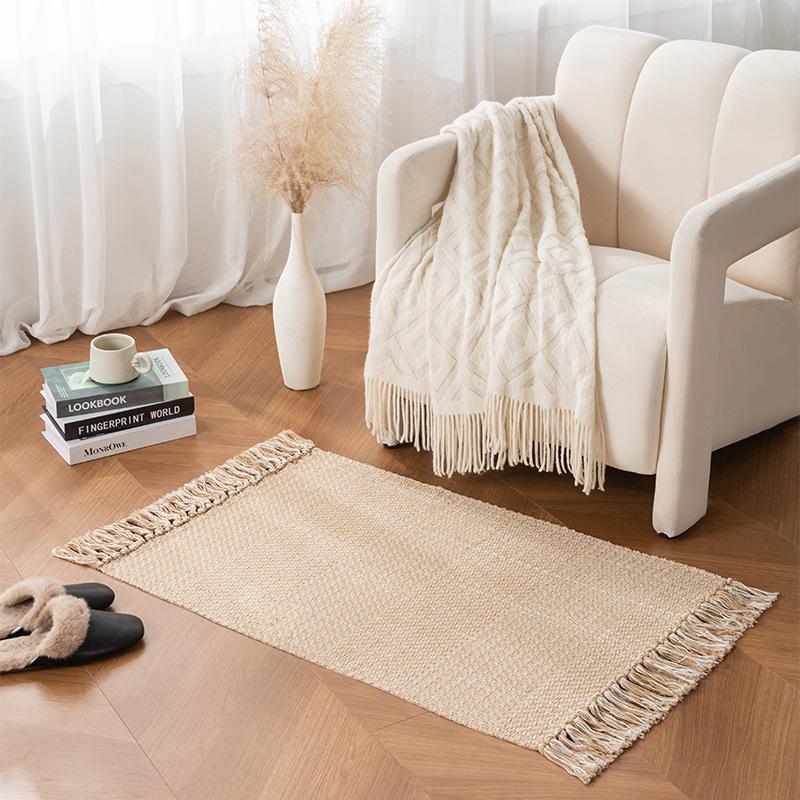 Twin-cord Knitted Rugs for Living Room Cotton Linen Kitchen Mat Tassel Bedroom Door Floor Mats Bedside Carpet Rugs No Fading
