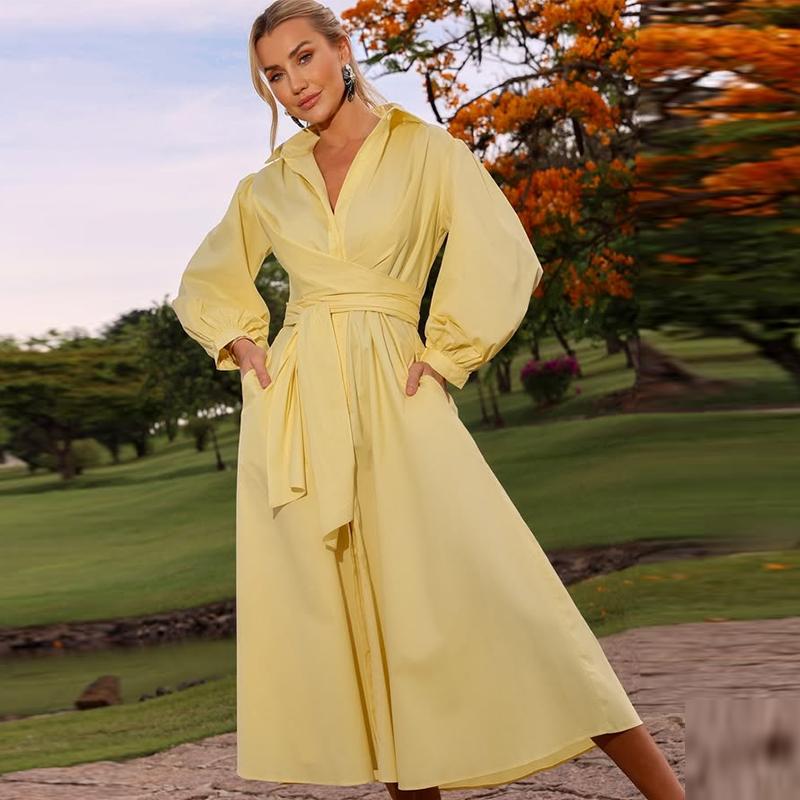 Women's Shirt Dress Turndown Collar Long Sleeve Waist Cinching Casual Temperamen Dress Commute Solid Color Slim Long Shirt 2025 Summer