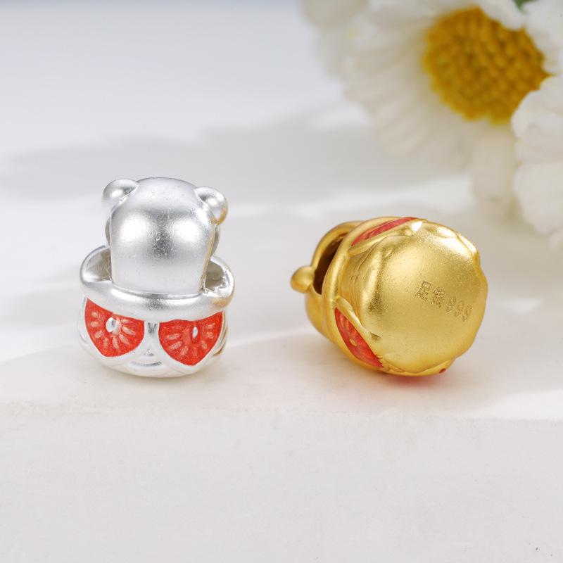 Handmade Sterling Silver 999 Strawberry Bear Macaron Jewelry Charm