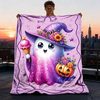 1pc Ghost Witch Hat Throw Blanket Polyester Fiber, Lightweight Flannel, Soft & Warm, All Season Use for Outdoor, Camping Digital Print