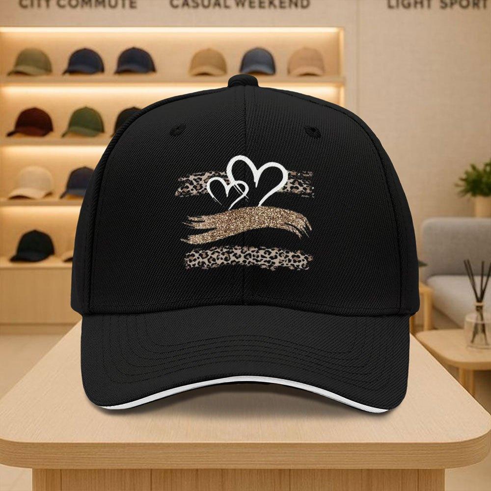 Double Heart Leopard Glitter Baseball Cap Unisex Polyester Adjustable Snapback Casual Hat for Men Women