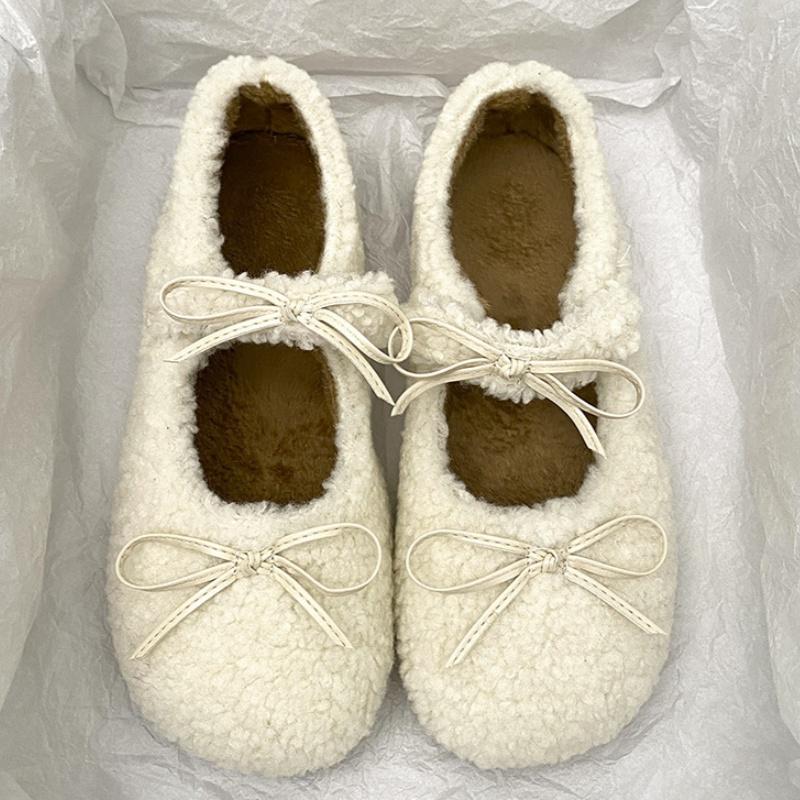Winter Wool Lamb Women Flats Shoes 2025 Fashion Shallow Slip On Ladies Flats Butterfly Knot Indoor Warm Soft Sole Women Shoes