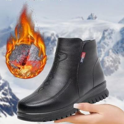 Women's Large Size Leather Soft Sole Increased Height Winter Warm Fur Snow Boots Padded Lined Ankle Boots Non-Slip Hiking Casual Sports Cotton Boots