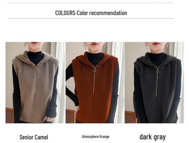 Elegant Half-Zip Hooded Knit Vest: Women's Sleeveless Lapel Cardigan Sweater - Loose and Warm Layering Top