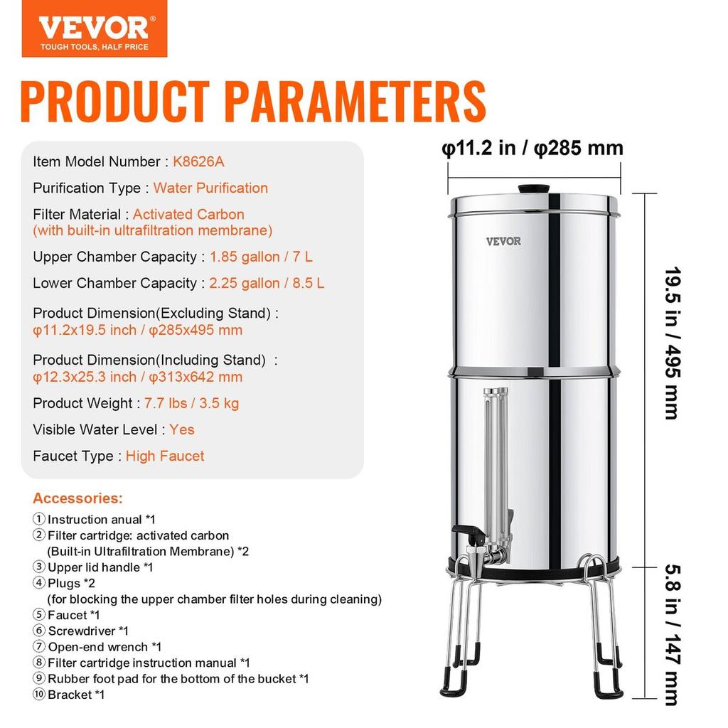 Gravity-fed Water Filter System, 2.25G 304 Stainless-Steel Countertop System, Water Filtration System, Reduces Lead and Up To 99% of Chlorine, with 2
