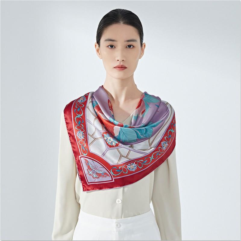 100% Mulberry Silk Square Scarf Double-sided Print Light Luxury Shawl Women Mom Fashion Accessory