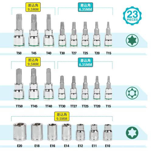 DURATECH 23-Piece Torx Bit Socket Set, 6.35mm and 9.5mm Drives, E-Type Sockets, Tamper-Proof CRV Steel, with Storage Box