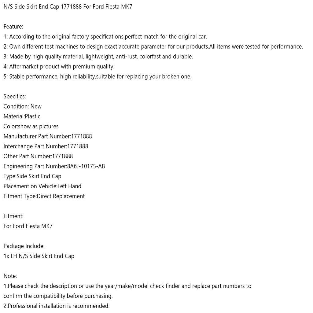 N/S Side Skirt End Cap 1771888 For Ford Fiesta MK7