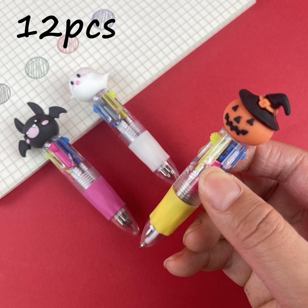 12pcs Cute Cartoon Retractable Ballpoint Pens for Halloween, 4-in-1 Color Ballpoint Pens, Pumpkin Bat Ghost Shaped, Suitable