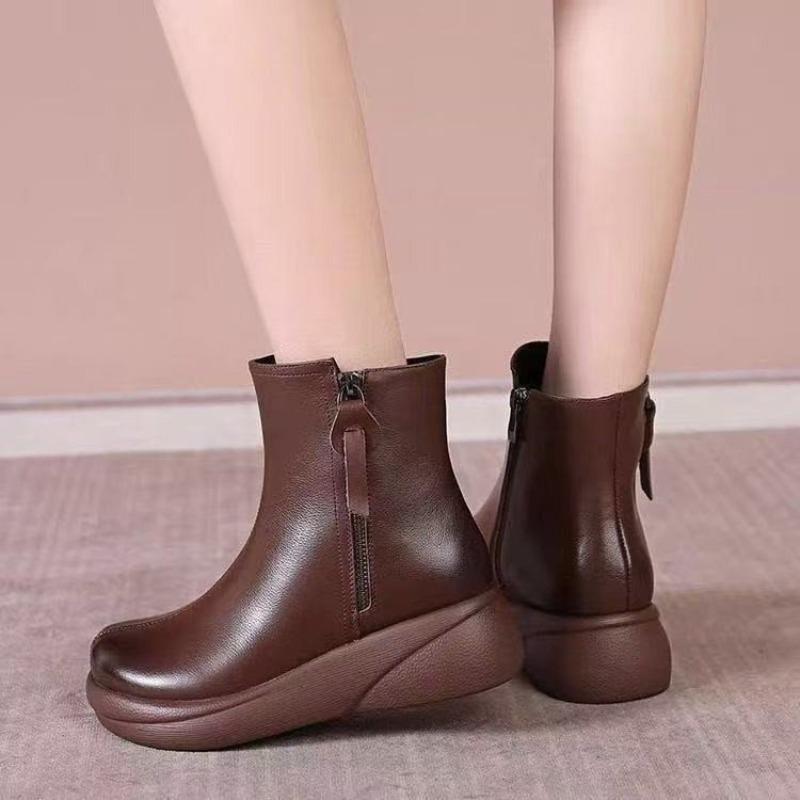 Thick-soled Shoes, Short Boots, Women's Soft Leather Round Toe Flat Bottom Fleece Warm Casual Boots