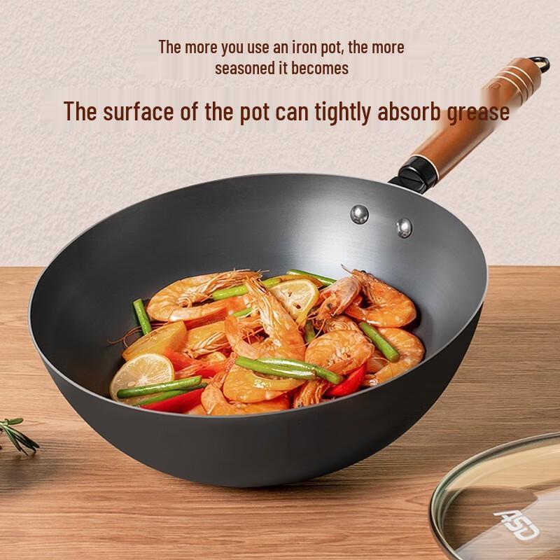 Aishida 34cm Refined Iron Wok with Lid