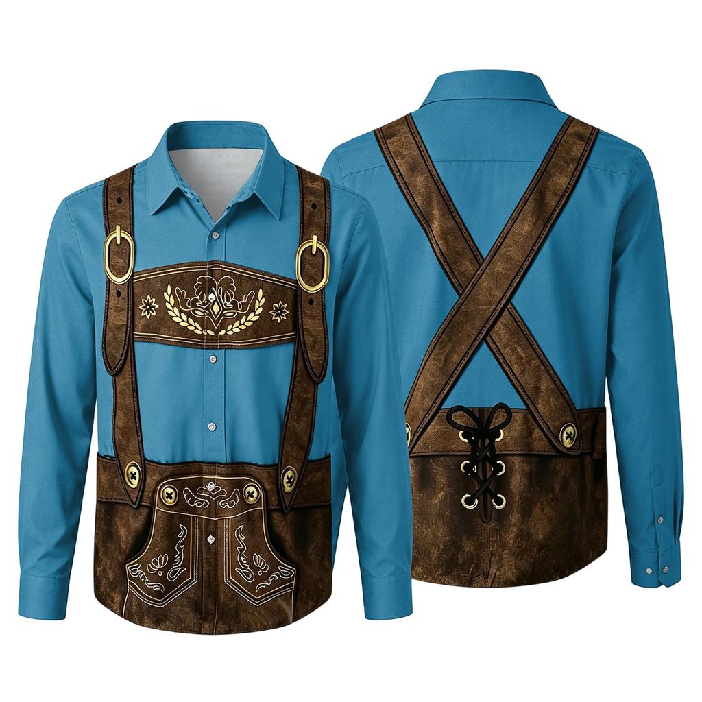Camicia da uomo per l'Oktoberfest con stampa 3D, vestibilità larga, manica lunga, colletto, casual, stile vintage, traspirante, per lavoro, festival all'aperto, festa
