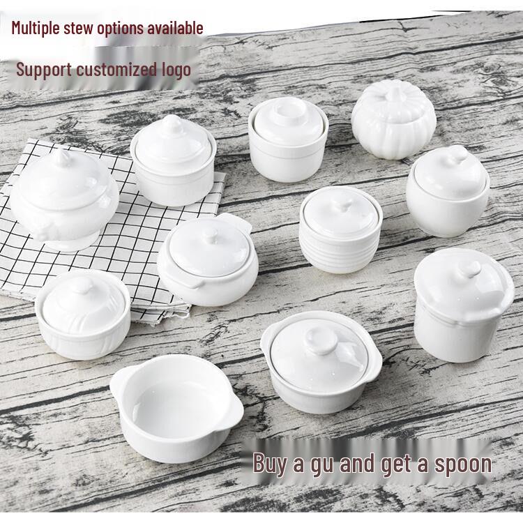 Bird's Nest Ceramic Double-Boiler Soup Pot with Lid - Small Stew & Dessert Pot with Double Handles for Hotel Steamed Egg Bowls.