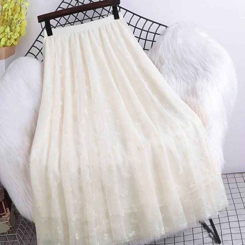WTEMPO Brand High Waist Slim Mesh Skirt Flocked Bowknot Mesh Mid-length Half-length Dress Fashion Solid Color Versatile Pleated A-line Skirt