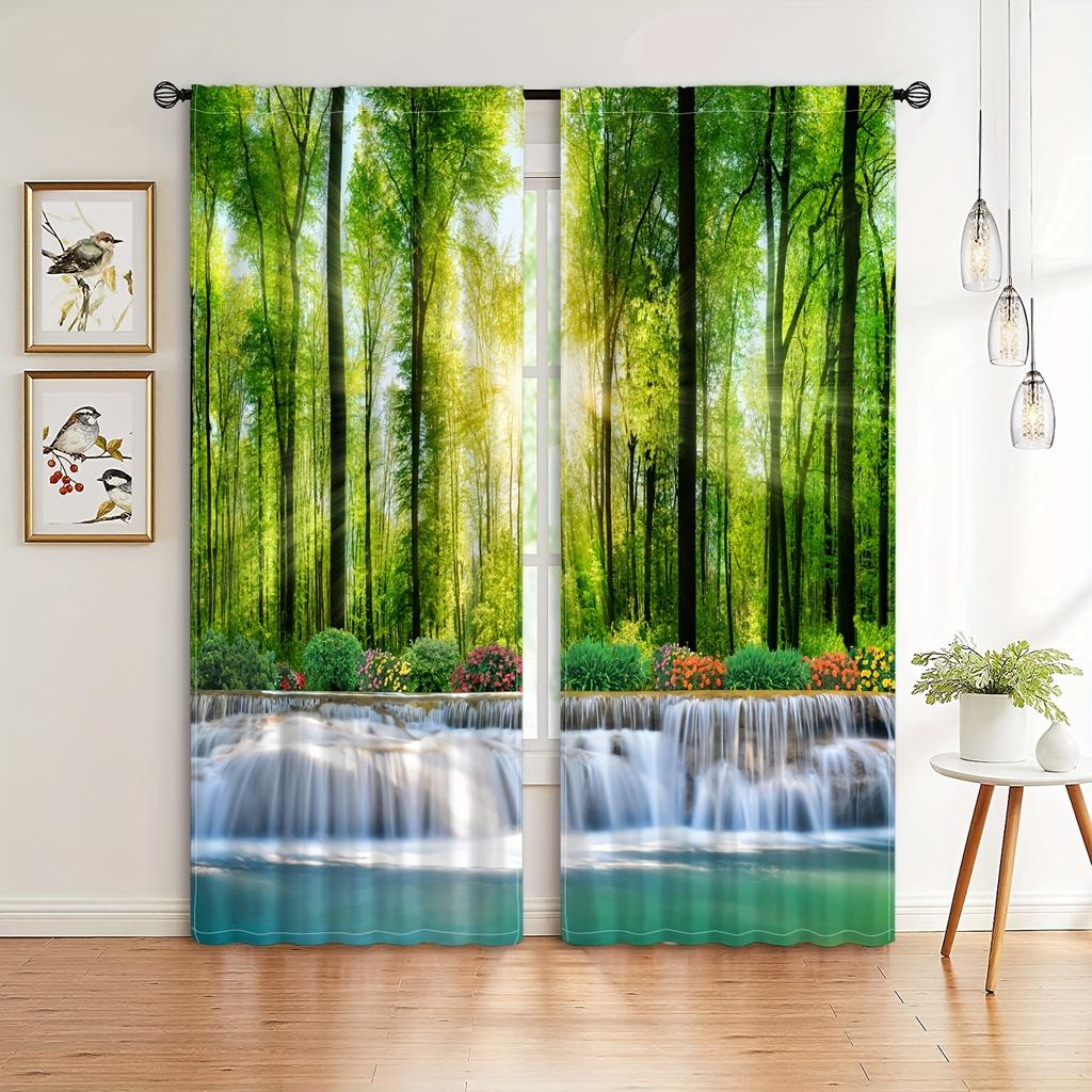 2 Panels Nature Landscape Sunshine Forest Curtain Waterfall Semi Blackout Curtain For Bedroom Living Room Window Kitchen Office