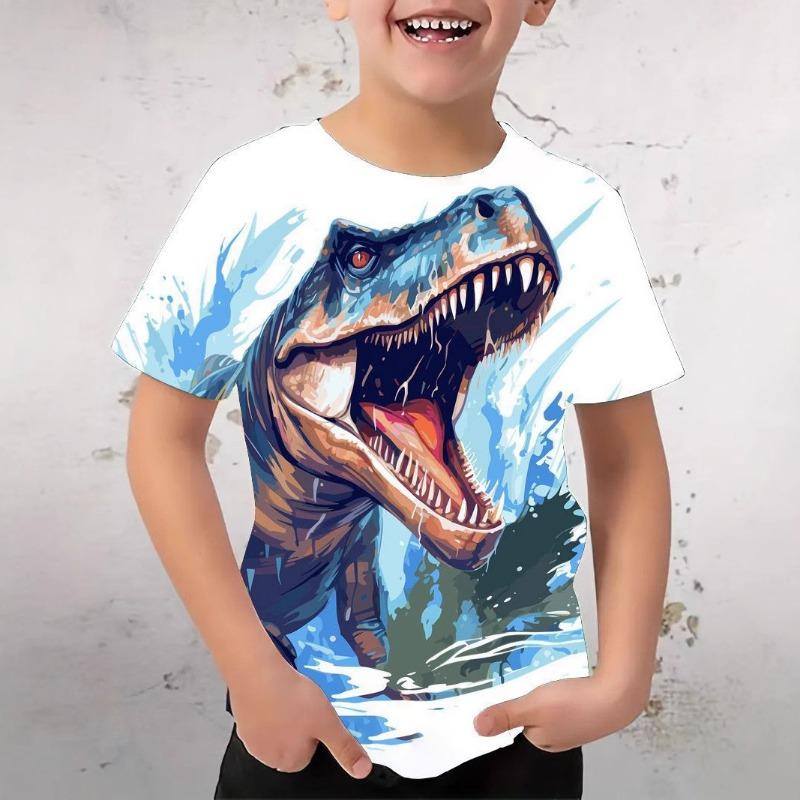 Boys' T-shirt 3D Printed with Tyrannosaurus Rex Fashion Trend Print Short Sleeved Round Neck Summer Quick Drying Shirt