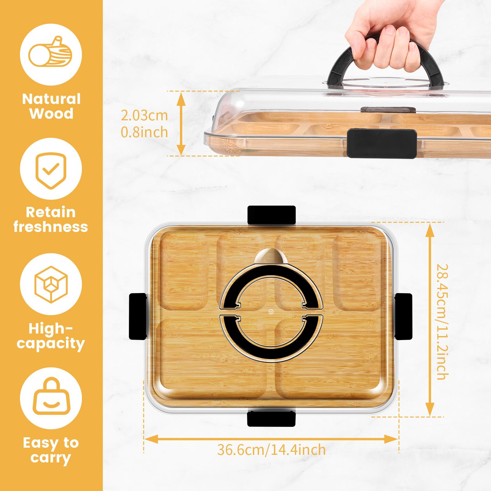 

6-Grid Meat Fruit Serving Tray Bamboo Charcuterie Plate with Transparent Lid Divided Food Tray Kitchen Accessories for Camping