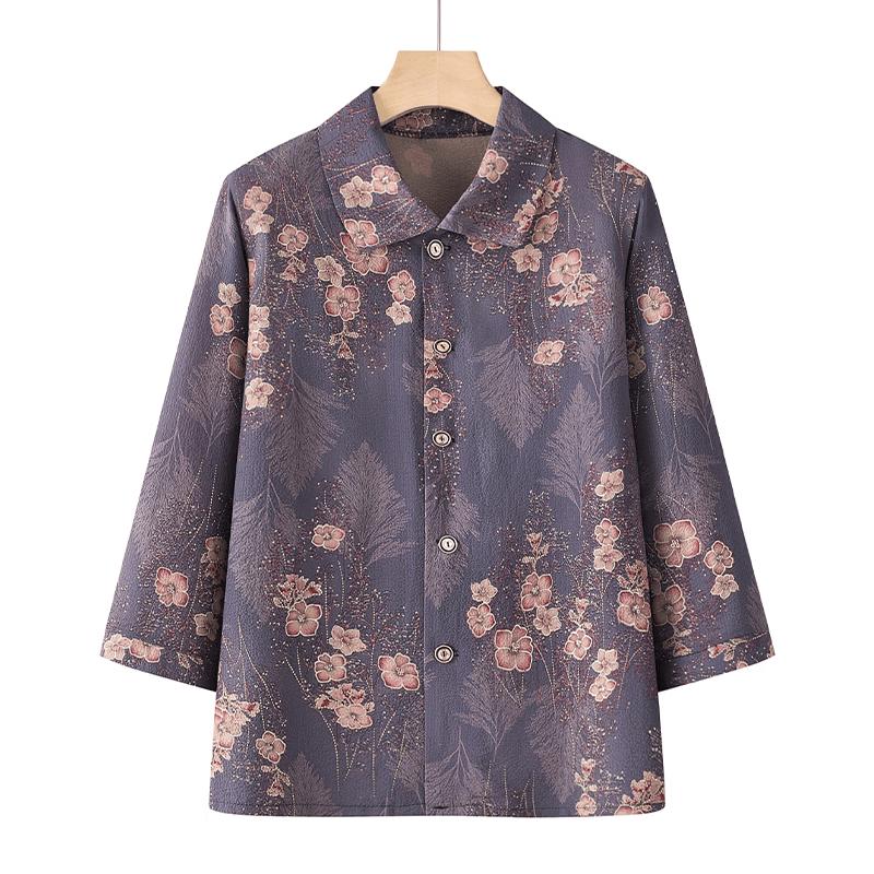 Yuzhaolin Mid-Age Women s Floral Print Stand Collar Summer Blouse 5XL