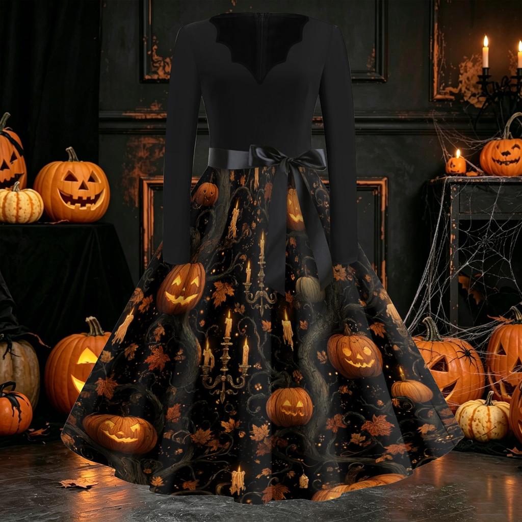 Women Casual Long Sleeve V Neck Vintage Dress Halloween Print Retro Style A Line Midi Dress with Waist Tie Belt