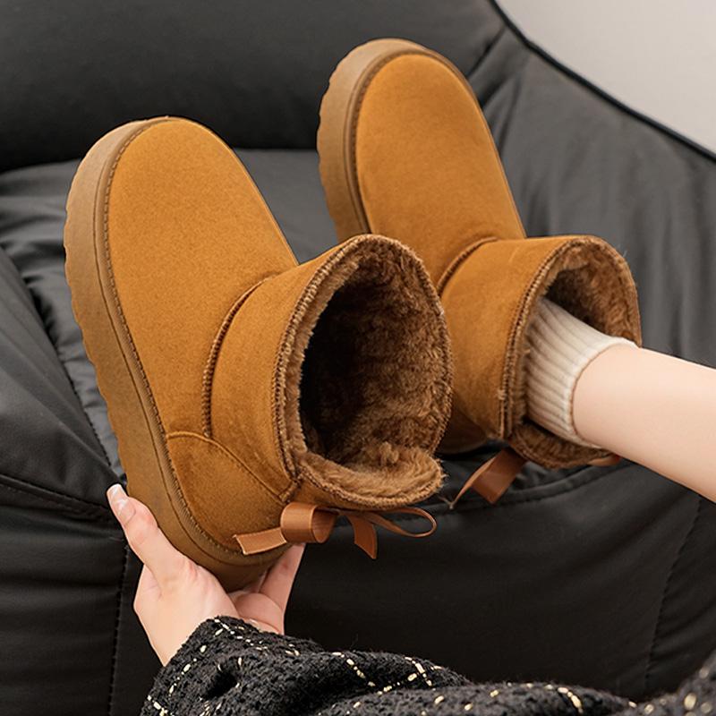 Fashion Faux Suede Platform Snow Boots Women Slip On Warm Thicken Plush Winter Boots Woman Cute Bowk Decor Non Slip Cotton Shoes Female