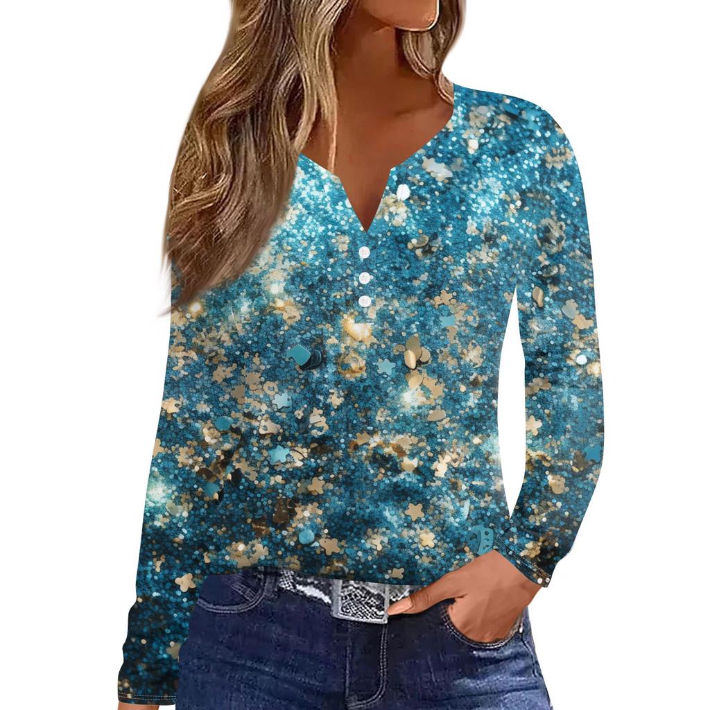 Women's T Shirt Tee Button Print Long Sleeve Daily Weekend Fashion Basic V-Neck Regular Top