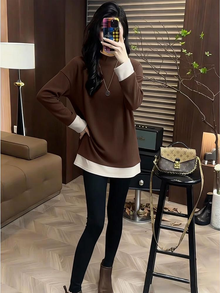 Spring/Autumn Women's Brushed Faux Two-Piece Long Sleeve T-Shirt - Thick Mid-Length Loose Top