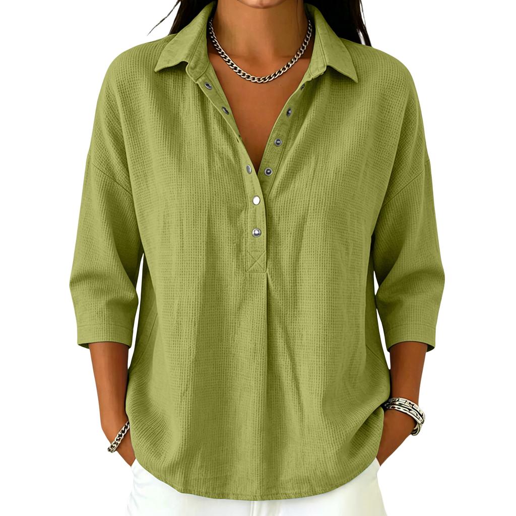 Women's Casual V Neck Button Down Waffle Knit Top Three Quarter Sleeve Relaxed Fit Lightweight Shirt for Everyday Wear