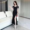Red off-the-shoulder suspender evening dress, women's high split fork, slim-fitting hip-wrapped long dress, banquet toasting clothes,temperament dress