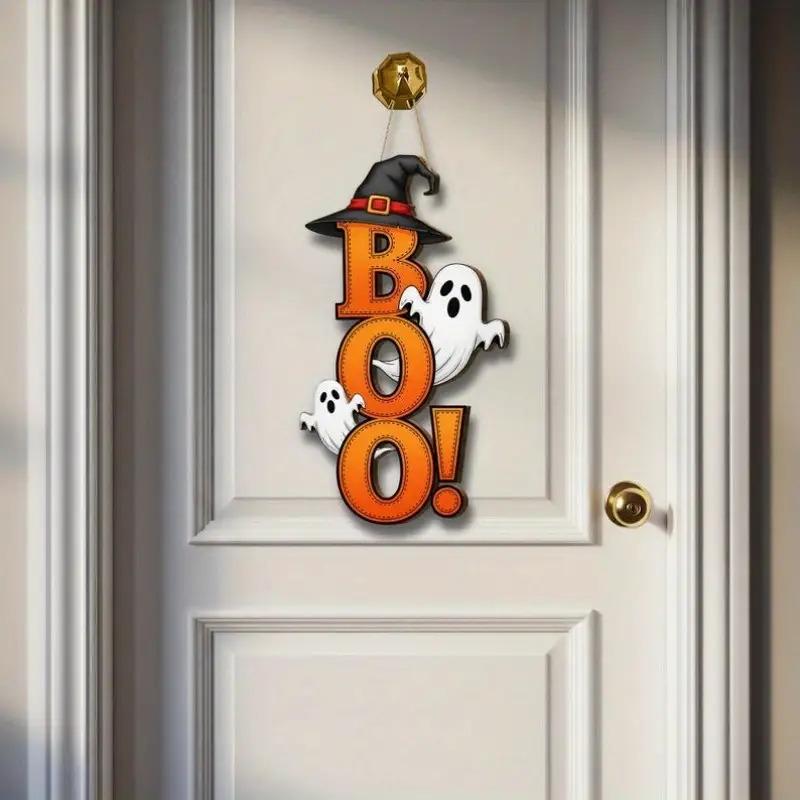 2D Flat Halloween Wooden Door Sign Ghost Witch Hat BOO Letter Hanging Plaque Outdoor Home Yard Welcome Party Wall Decor
